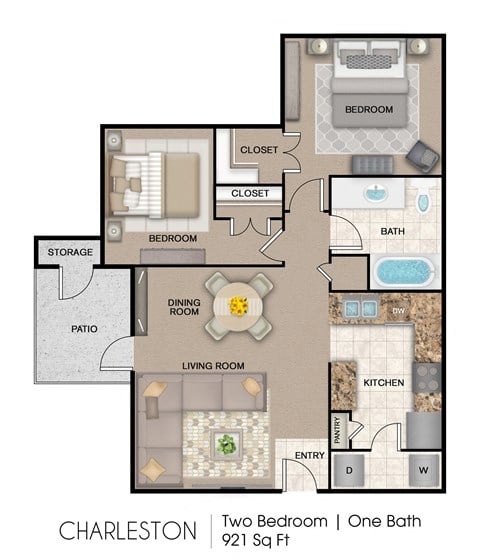 Floor plan for 2 beds, 1 bath, 921 sqft